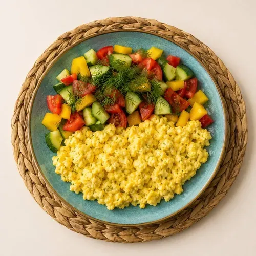 Scrambled eggs cu salată 